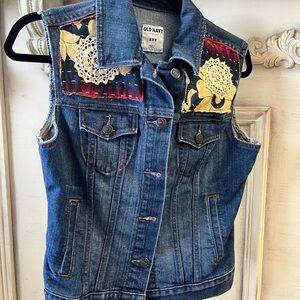 Old Navy Blue Jean Jacket with Floral Accents